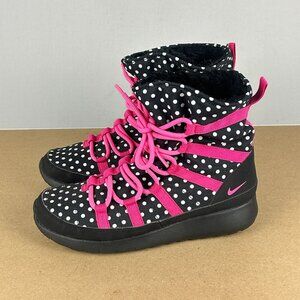 Nike Roshe One Hi Print Sneaker Boots Youth 5.5Y Womens 7 Black Pink Polka Dot
